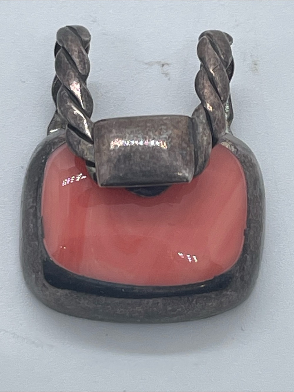 Vintage Mexico Sterling Silver Pink Stone Pendant Chunky Bold Cable Accent
